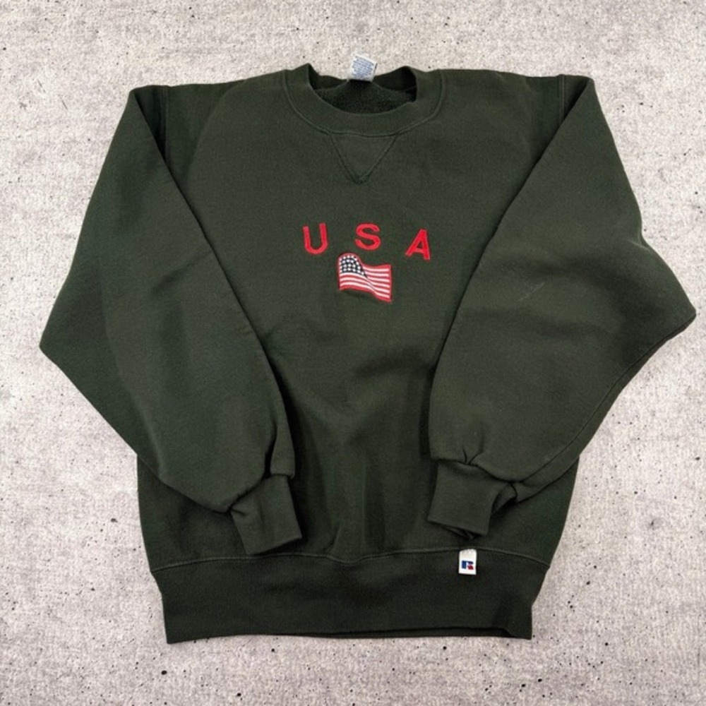 Russell Athletic Green Made in USA American Flag Embroidered Adult‎ S Sweatshirt